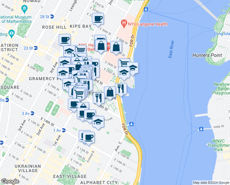 map of restaurants, bars, coffee shops, grocery stores, and more near 252 1st Avenue in New York