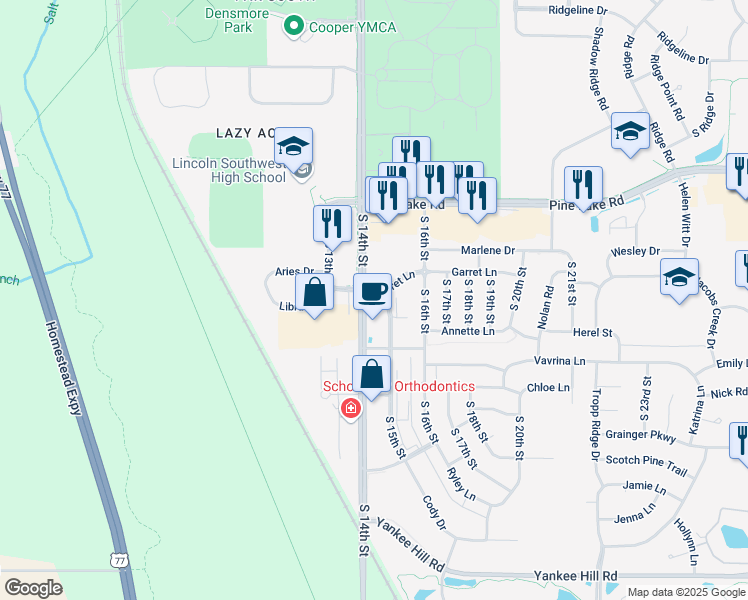 map of restaurants, bars, coffee shops, grocery stores, and more near 7301 South 15th Street in Lincoln