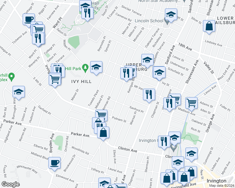 map of restaurants, bars, coffee shops, grocery stores, and more near 225 Eastern Parkway in Newark