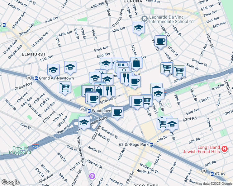 map of restaurants, bars, coffee shops, grocery stores, and more near 94-11 59th Avenue in Queens