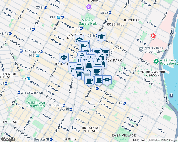 map of restaurants, bars, coffee shops, grocery stores, and more near East 16th Street in New York
