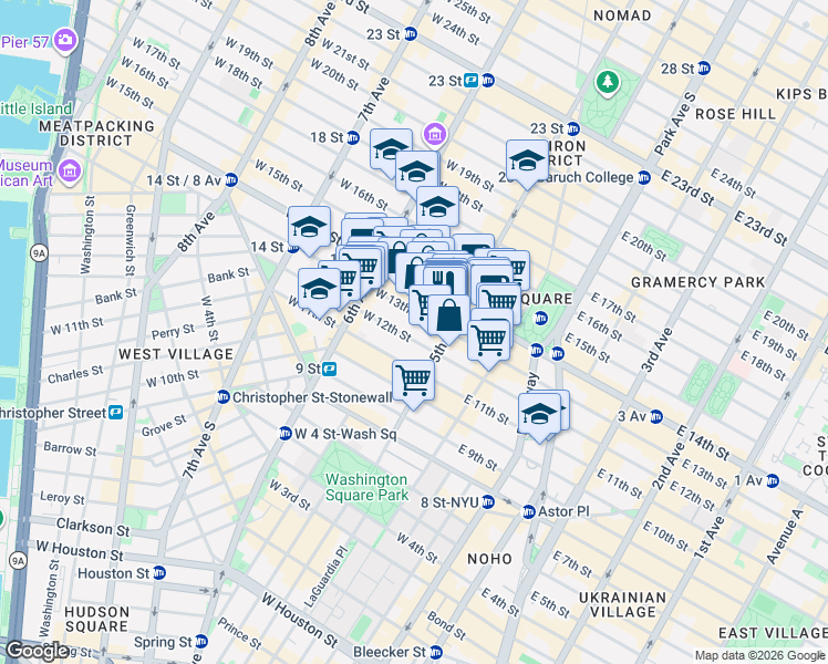 map of restaurants, bars, coffee shops, grocery stores, and more near 10 West 13th Street in New York