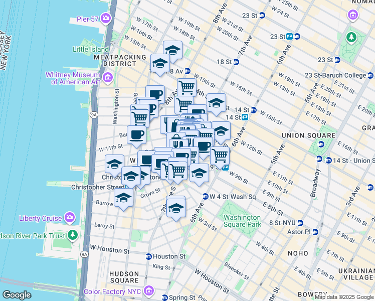 map of restaurants, bars, coffee shops, grocery stores, and more near 36 Perry Street in New York