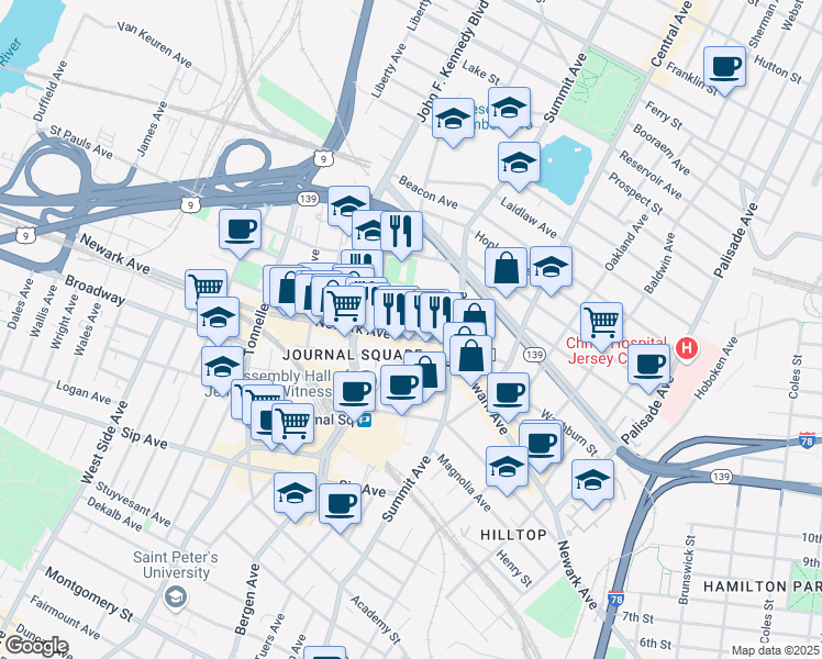 map of restaurants, bars, coffee shops, grocery stores, and more near 700 Newark Avenue in Jersey City