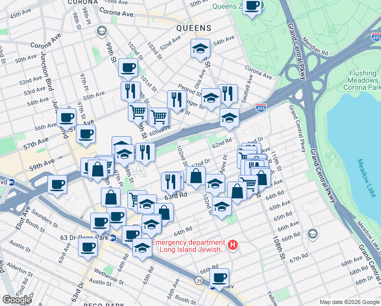 map of restaurants, bars, coffee shops, grocery stores, and more near 102-14 62nd Avenue in Queens