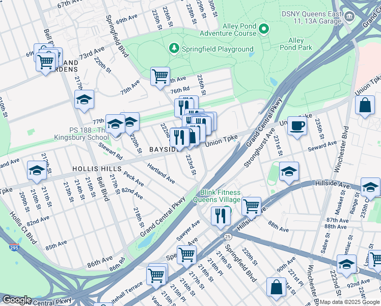map of restaurants, bars, coffee shops, grocery stores, and more near 223-10 Union Turnpike in Queens