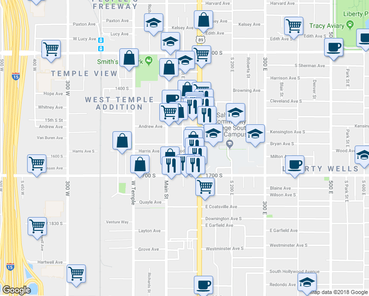map of restaurants, bars, coffee shops, grocery stores, and more near 46 Bryan Avenue in Salt Lake City