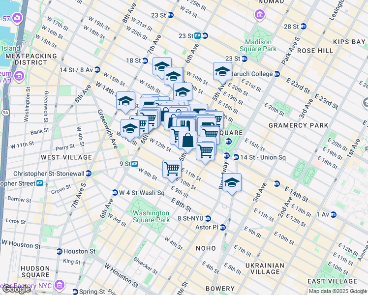map of restaurants, bars, coffee shops, grocery stores, and more near 2 West 13th Street in New York