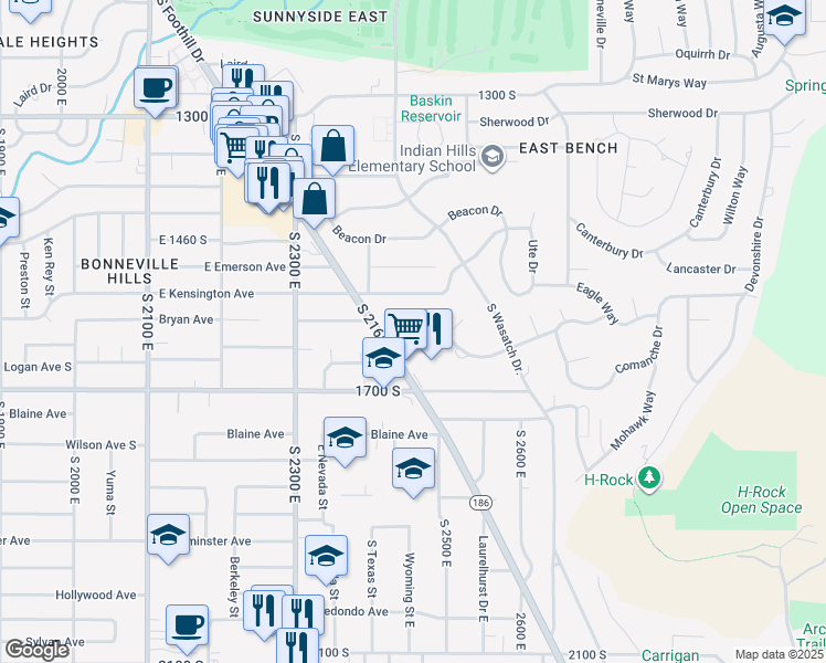 map of restaurants, bars, coffee shops, grocery stores, and more near 2450 Skyline Drive in Salt Lake City
