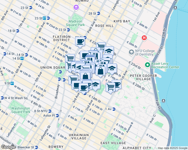 map of restaurants, bars, coffee shops, grocery stores, and more near 211 East 18th Street in New York