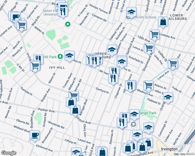 map of restaurants, bars, coffee shops, grocery stores, and more near 311 Kerrigan Boulevard in Newark