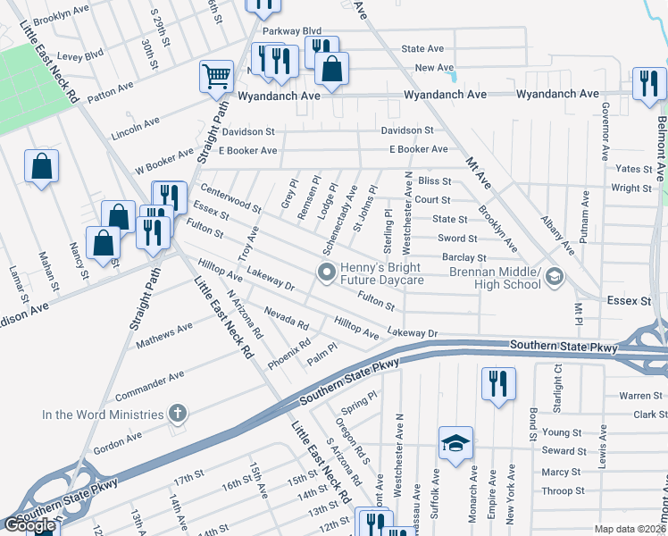 map of restaurants, bars, coffee shops, grocery stores, and more near 166 Essex Street in West Babylon