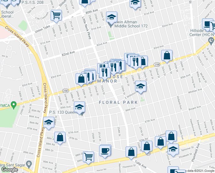 map of restaurants, bars, coffee shops, grocery stores, and more near 84-26 Little Neck Parkway in Queens