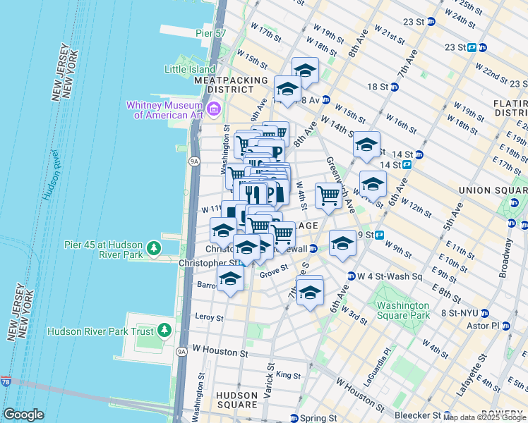map of restaurants, bars, coffee shops, grocery stores, and more near 554 Hudson Street in New York