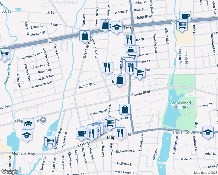 map of restaurants, bars, coffee shops, grocery stores, and more near 157A Commack Rd in Islip