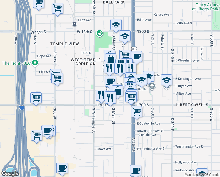 map of restaurants, bars, coffee shops, grocery stores, and more near 1575 South Main Street in Salt Lake City