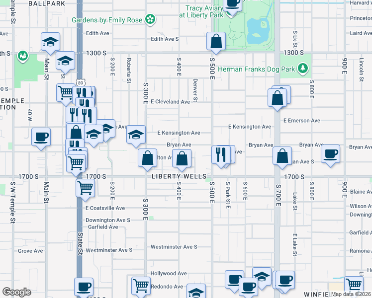 map of restaurants, bars, coffee shops, grocery stores, and more near 416 Bryan Avenue South in Salt Lake City