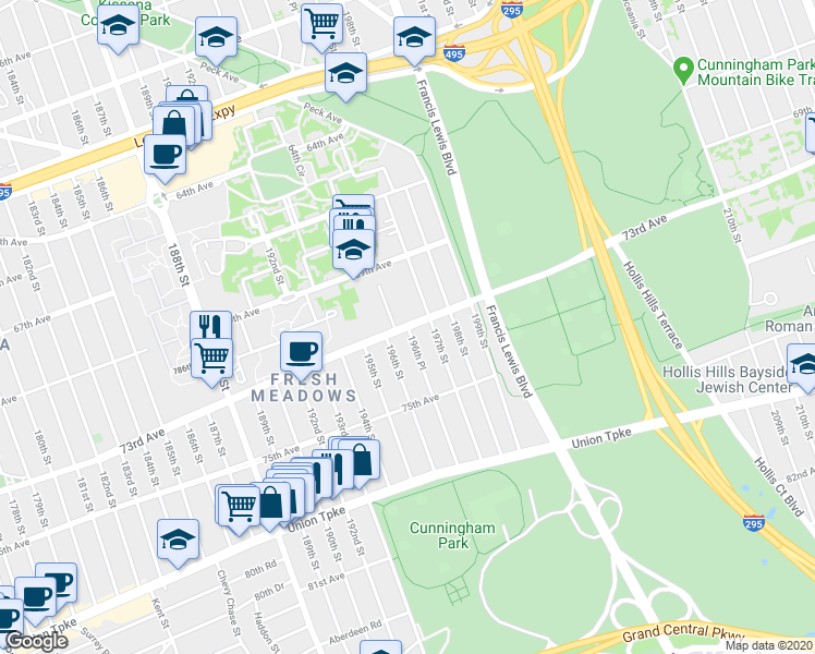 map of restaurants, bars, coffee shops, grocery stores, and more near 196-63 73rd Avenue in Queens