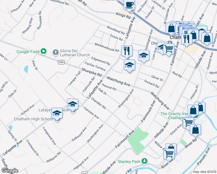 map of restaurants, bars, coffee shops, grocery stores, and more near 40 Inwood Road in Chatham