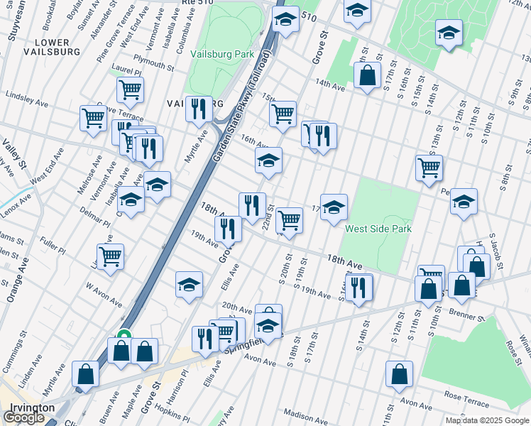 map of restaurants, bars, coffee shops, grocery stores, and more near 202 22nd Street in Irvington