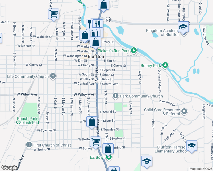 map of restaurants, bars, coffee shops, grocery stores, and more near 200-220 E Central Ave in Bluffton