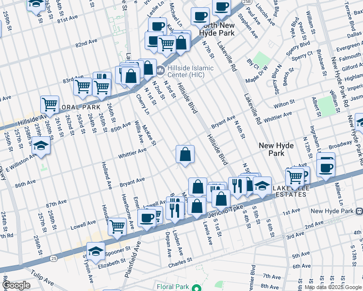 map of restaurants, bars, coffee shops, grocery stores, and more near 900 North 1st Street in New Hyde Park