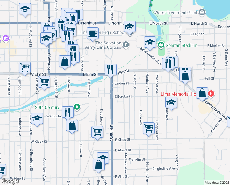 map of restaurants, bars, coffee shops, grocery stores, and more near 257 South Pine Street in Lima
