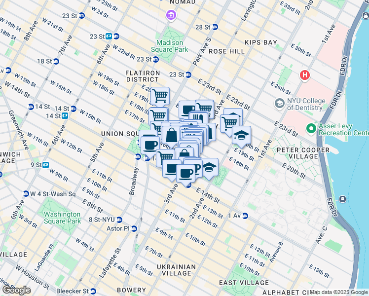 map of restaurants, bars, coffee shops, grocery stores, and more near 192 3rd Avenue in New York