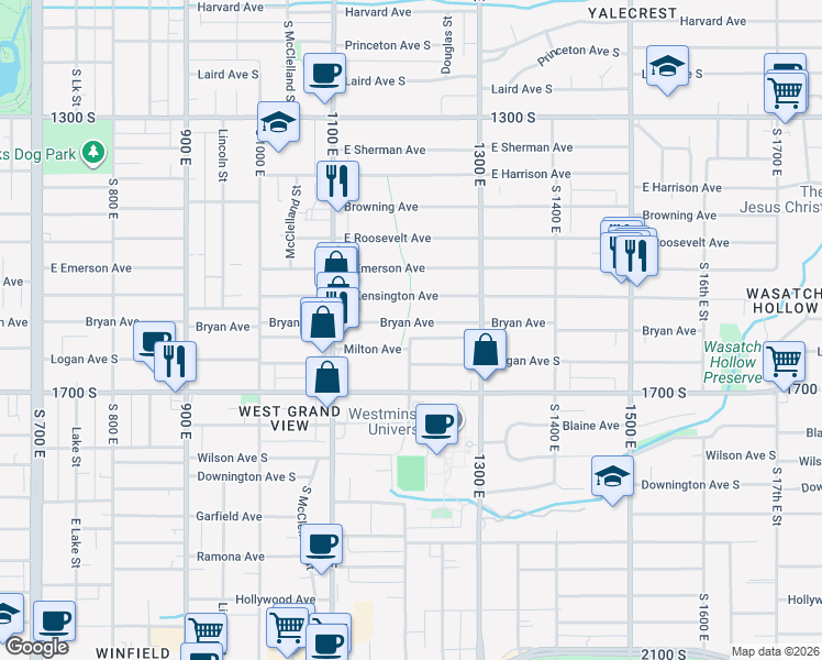 map of restaurants, bars, coffee shops, grocery stores, and more near 1202 Bryan Avenue South in Salt Lake City