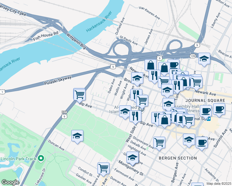 map of restaurants, bars, coffee shops, grocery stores, and more near 26 Wallis Avenue in Jersey City