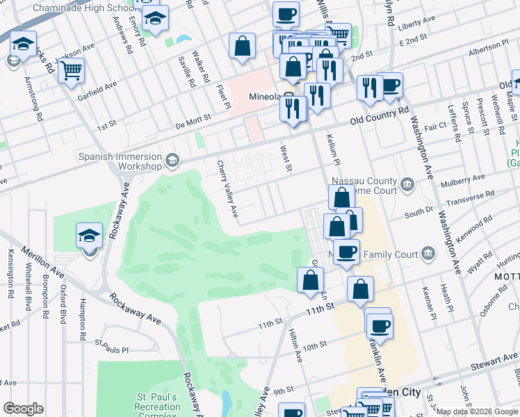 map of restaurants, bars, coffee shops, grocery stores, and more near 10 Andover Court in Garden City