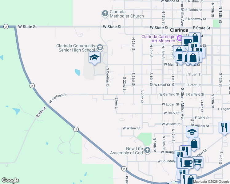map of restaurants, bars, coffee shops, grocery stores, and more near 801-899 West Garfield Street in Clarinda