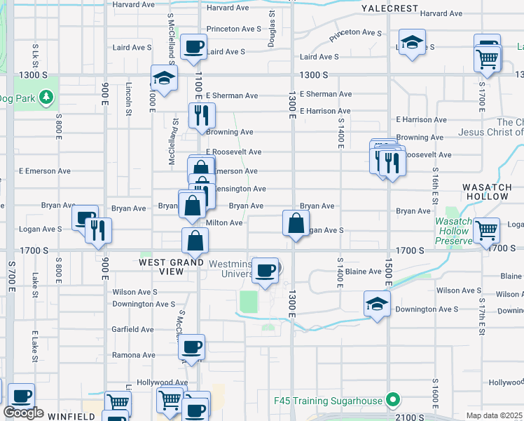 map of restaurants, bars, coffee shops, grocery stores, and more near 1202 Bryan Avenue South in Salt Lake City