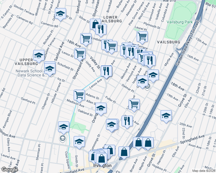 map of restaurants, bars, coffee shops, grocery stores, and more near 17 Wills Place in Irvington