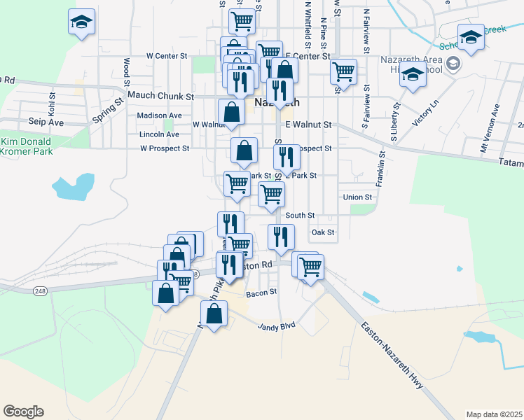 map of restaurants, bars, coffee shops, grocery stores, and more near 35 South Street in Nazareth