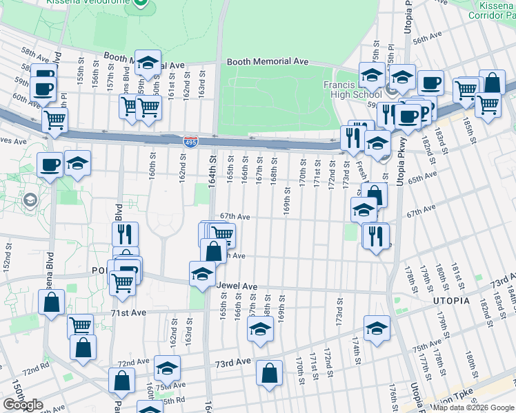 map of restaurants, bars, coffee shops, grocery stores, and more near 65-36 168th Street in Queens