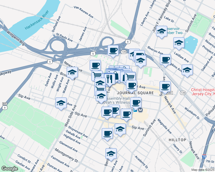 map of restaurants, bars, coffee shops, grocery stores, and more near 121 Tonnelle Avenue in Jersey City
