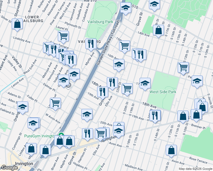 map of restaurants, bars, coffee shops, grocery stores, and more near 648 Grove Street in Irvington