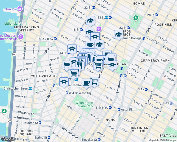 map of restaurants, bars, coffee shops, grocery stores, and more near 54 West 12th Street in New York