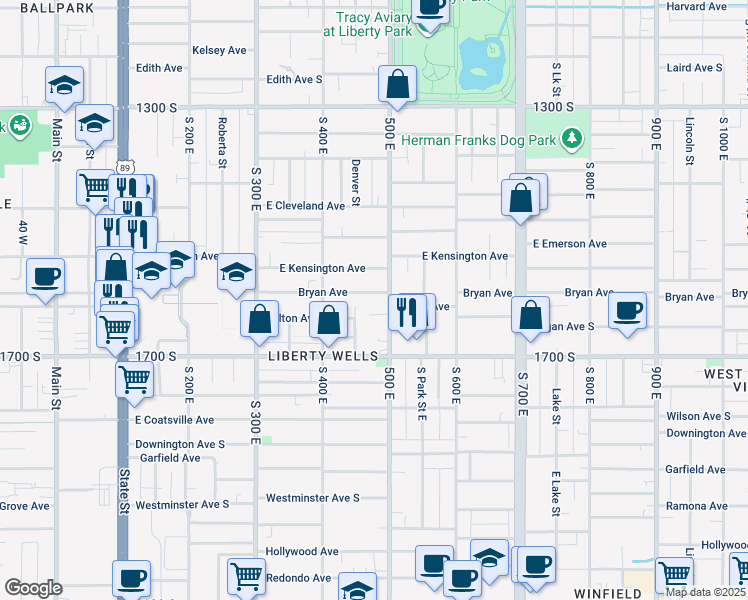 map of restaurants, bars, coffee shops, grocery stores, and more near 466 Bryan Avenue South in Salt Lake City