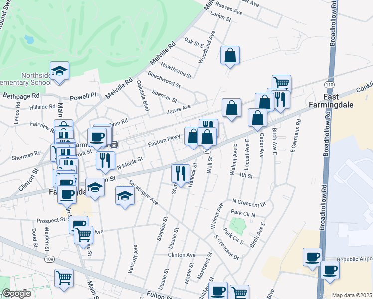 map of restaurants, bars, coffee shops, grocery stores, and more near 6 Dean Street in Farmingdale