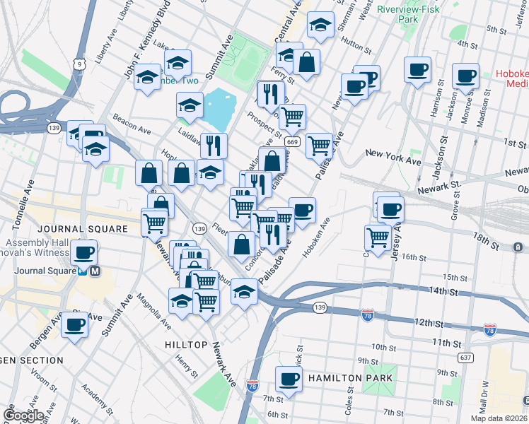 map of restaurants, bars, coffee shops, grocery stores, and more near 46 Beacon Avenue in Jersey City