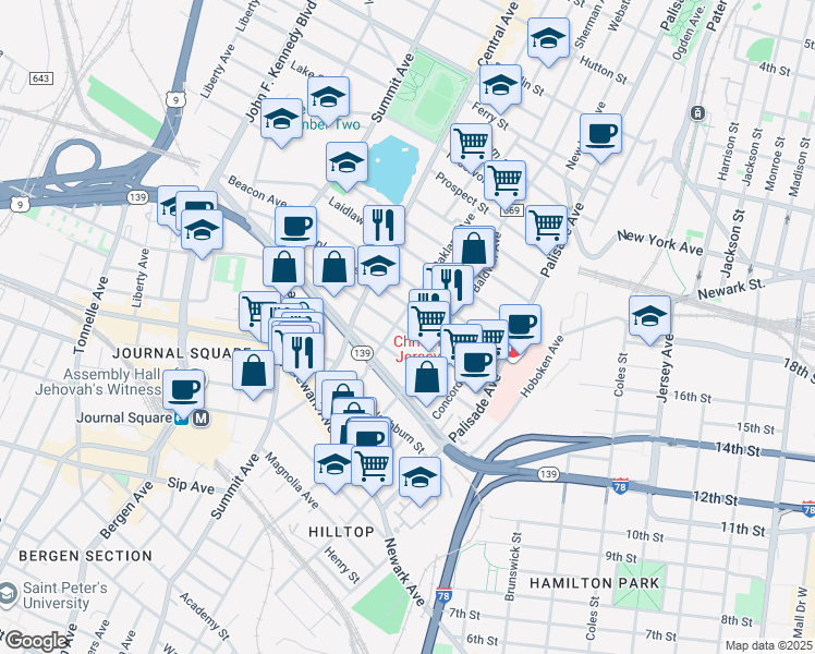 map of restaurants, bars, coffee shops, grocery stores, and more near 76 Saint Pauls Avenue in Jersey City