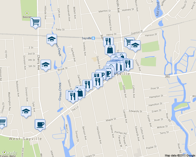 map of restaurants, bars, coffee shops, grocery stores, and more near 130 Greene Avenue in Sayville