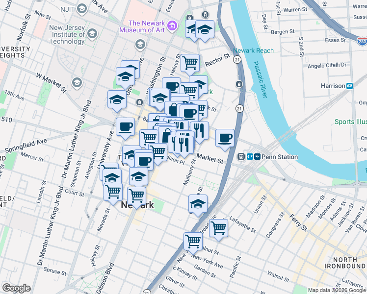map of restaurants, bars, coffee shops, grocery stores, and more near 203 Market Street in Newark