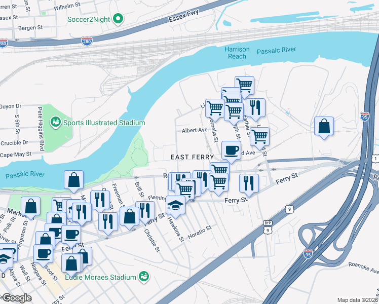 map of restaurants, bars, coffee shops, grocery stores, and more near 413-433 Raymond Boulevard in Newark