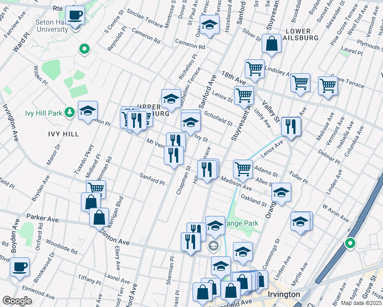 map of restaurants, bars, coffee shops, grocery stores, and more near 333 Chapman Street in Newark