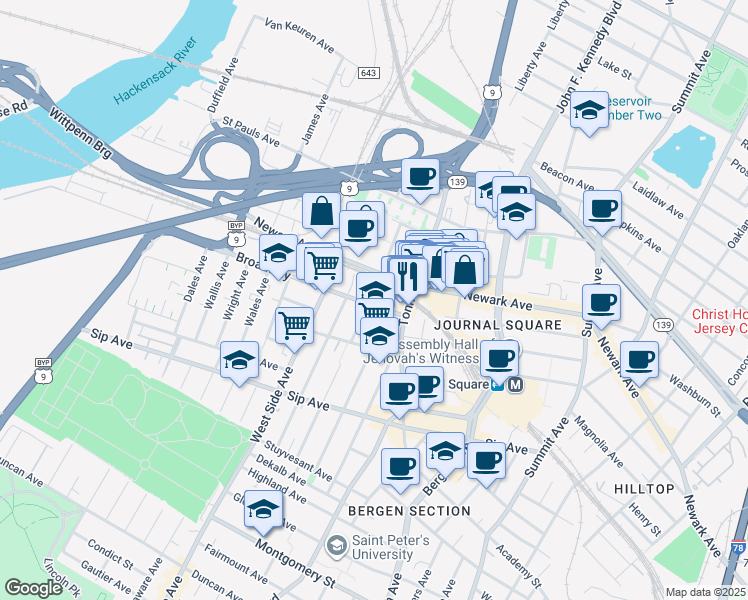 map of restaurants, bars, coffee shops, grocery stores, and more near 30 Broadway in Jersey City
