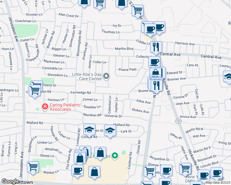 map of restaurants, bars, coffee shops, grocery stores, and more near 72 Farmedge Road in Levittown