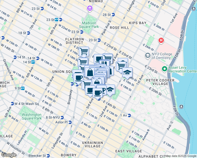 map of restaurants, bars, coffee shops, grocery stores, and more near 192 3rd Avenue in New York